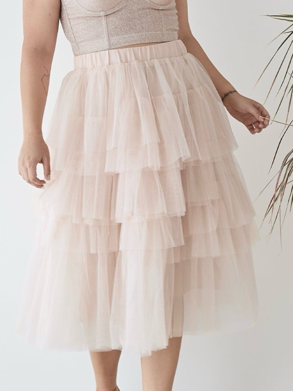 Chicwish Love Me More Tiered Layered Ruffle Tulle Ballerina Skirt Nude Pink XL